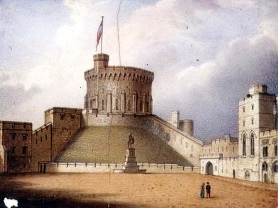 Worcester-Plakette, die den Rundturm von Windsor Castle darstellt, eine von einem Paar, ca. 1830-40 von Enoch Doe