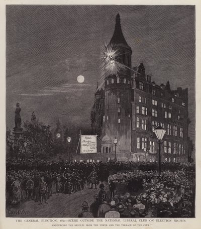 Bekanntgabe der Ergebnisse der Parlamentswahl 1892 aus dem Liberal Club, Westminster, London von Enoch Ward