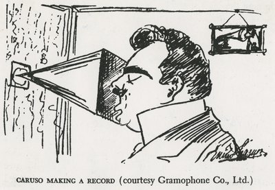 Caruso macht seine erste Grammophonaufnahme, 1902 (Zeichnung) von Enrico Caruso