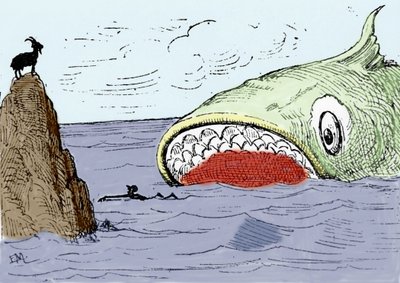 Illustration des Märchens „Pinocchio“ von Carlo Collodi. Ein riesiger Fisch will Pinocchio fressen. Illustration von Enrico Mazzanti (1852-1910) für die Ausgabe von 1883 von Enrico Mazzanti
