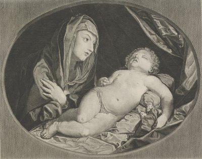 Die Jungfrau mit verschränkten Armen über der Brust, die das schlafende Christkind betrachtet von Ephraim Gottlieb Krüger