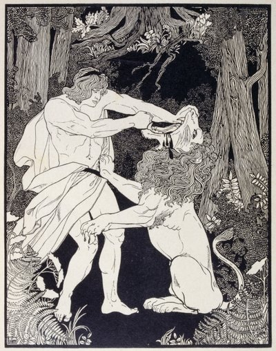 Zeichnung von Samson, der gegen einen Löwen kämpft (Gravur) von Ephraim Moses Lilien