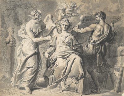 Eine Allegorie der Künste mit Isis und Geometrie, die der dreiköpfigen Figur beiwohnen, 17. Jahrhundert von Erasmus Quellinus