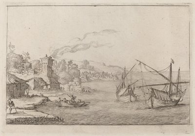 Küstenlandschaft mit verankerten Schiffen von Ercole Bazicaluva