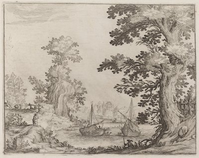 Landschaft und Fluss mit verankerten Schiffen von Ercole Bazicaluva