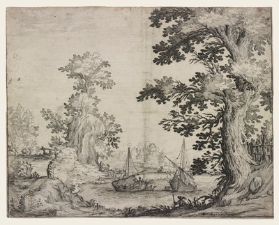 Landschaft mit einem Fluss zwischen Bäumen und Hügeln, zwei Schiffe in der Mitte von Ercole Bazzicaluva