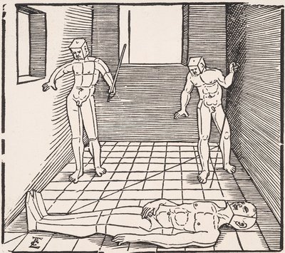 Drei männliche Figuren in einem Raum aus: Unnderweissung der Proportzion von Erhard Schon