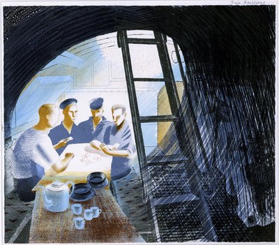 Ansicht des Offizierskasinos in einem untergetauchten U-Boot, mit Kochutensilien und vier Matrosen, die Karten spielen von Eric Ravilious