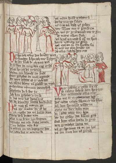 Ganzseitig: Text mit farbiger Zeichnung: Christus sagt Martha, dass ihr Bruder Lazarus von den Toten auferstehen wird von Erich Lessing