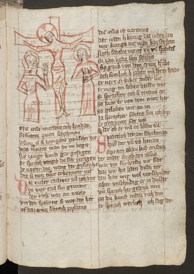 Ganzseitig: Text mit farbiger Zeichnung: Kreuzigung mit Maria und Johannes von Erich Lessing
