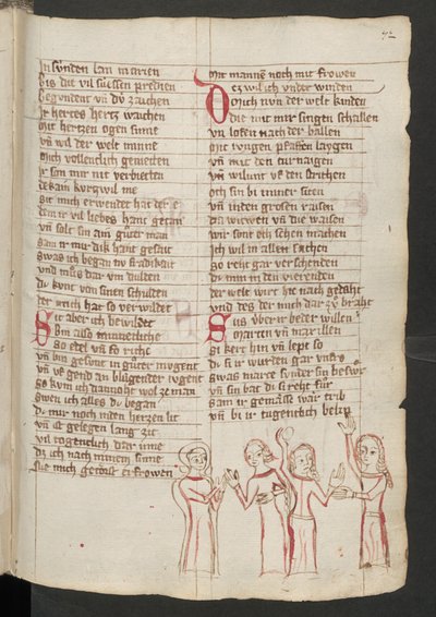 Ganzseitig: Text mit farbiger Zeichnung: Martha appelliert an Maria Magdalena, ihr sündiges Leben aufzugeben von Erich Lessing
