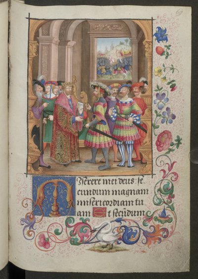 Vollseite: Text mit Miniatur, zoomorphes Initial und Randdekoration von Erich Lessing