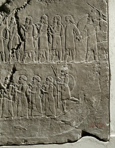 König Ashurbanipals Feldzug gegen Elam, Soldaten führen Gefangene entlang des Flusses Tigris von Erich Lessing