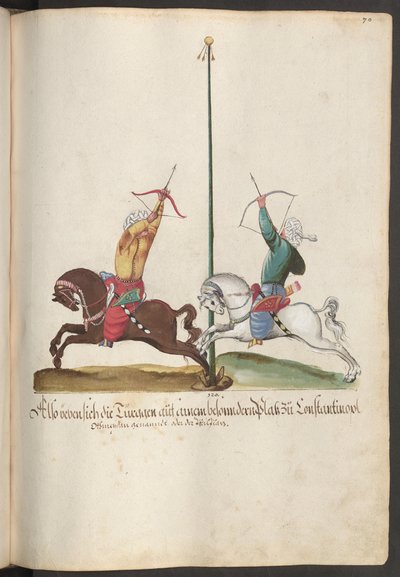Soldaten aus verschiedenen Ländern und Kulturen: Zwei türkische Bogenschützen zu Pferd beim Zielschießen von Erich Lessing
