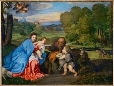 Die Heilige Familie mit dem jungen Johannes dem Täufer in einer Landschaft von Erich Lessing
