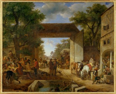 Ein Jahrmarkt vor dem Tor einer Herberge von Erich Lessing