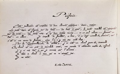 Manuskript-Vorsatzseite einer Partitur mit Zeichnungen von Erik Satie