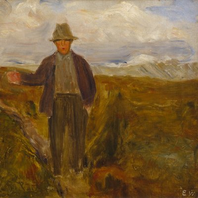 Mann mit dem Berg Smiubelgen und Rondane im Hintergrund von Erik Theodor Werenskiold