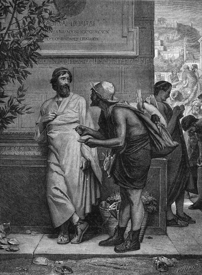 Ostrakismus im antiken Griechenland: "Aristide und der Bauer". Ein Analphabet, der den athenischen Staatsmann Aristide den Gerechten nicht erkennt, bittet ihn, seinen Namen auf eine Scherbe zu schreiben. Gravur nach dem Gemälde von Eugene Erne von Ernest Hillemacher