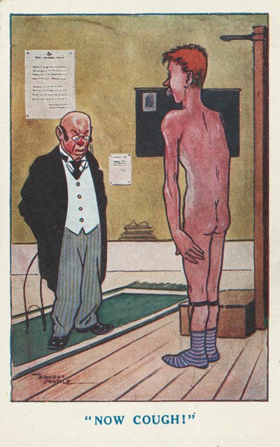 Arzt bittet einen nackten Mann, während einer medizinischen Untersuchung zu husten von Ernest (after) Noble