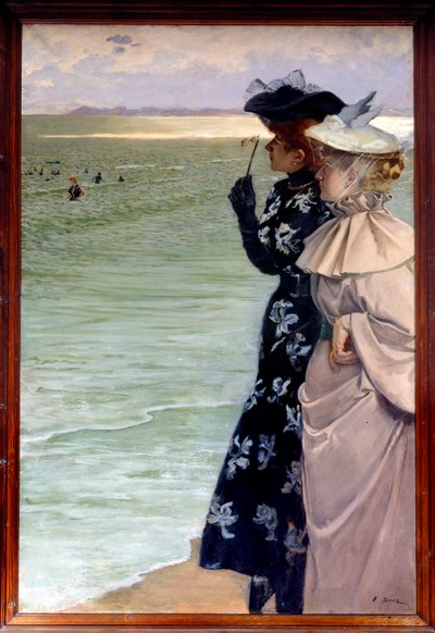 Schöne Epoche: „Badezeit am Meer“ Zwei Frauen am Ufer, die die Badenden durch ein Fernglas betrachten. Gemälde von Ernest Ange Duez (1843-1896) 1896 Rouen, Musée des Beaux-Arts von Ernest Ange Duez