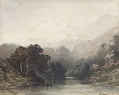 Bergsee im Schatten dunkler Bäume, dahinter helle Hügel und Schneegipfel von Ernest Cicéri