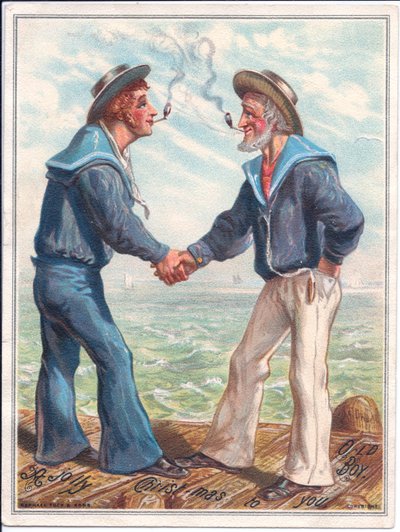 Eine viktorianische Weihnachtskarte von zwei Seeleuten, die Tonpfeifen rauchen und sich die Hände schütteln, ca. 1880 (Farblithografie) von Ernest Henry Griset