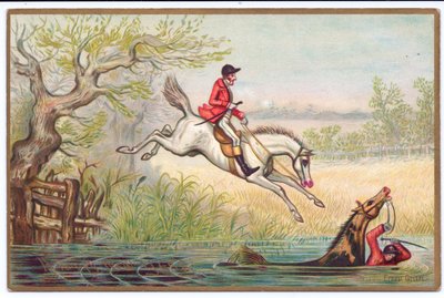 Viktorianische Neujahrskarte von einer Fuchsjagd mit einem Jäger und seinem Pferd, die in den Fluss fallen, ca. 1880 von Ernest Henry Griset