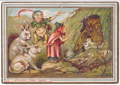 Viktorianische Neujahrskarte von einer alten Frau, die eine Eule begrüßt, beobachtet von einem Zwerg und zwei Kaninchen, ca. 1880 von Ernest Henry Griset