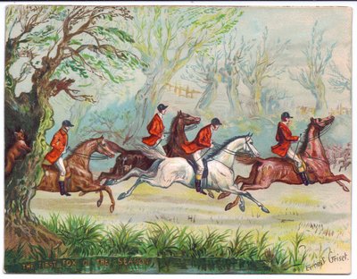 Viktorianische Grußkarte von Fuchsjägern, die vorbeirennen, während sich der Fuchs in einem Baum versteckt, ca. 1880 von Ernest Henry Griset