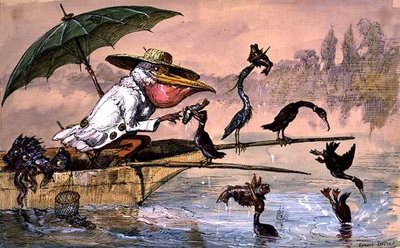 Kormorane präsentieren einem Pelikan Fisch in einem Kahn unter einem Regenschirm aus 
