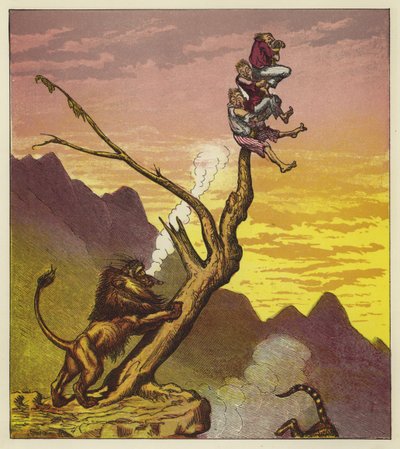 Die drei Seeleute entkommen einem Löwen, indem sie auf einen Baum klettern von Ernest Henry Griset