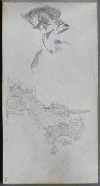 Skizzenbuch, Seite 27: Detailstudie für Auf einer Terrasse und Landschaftsstudie von Jean Louis Ernest Meissonier