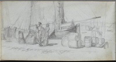 Skizzenbuch, Seite 50: Boote, Figuren, Fracht am Strand von Jean Louis Ernest Meissonier