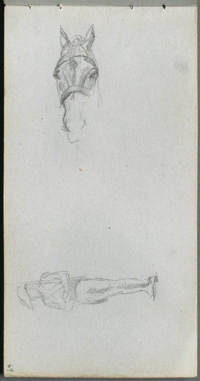 Skizzenbuch, Seite 69: Studie einer Hand, eines Pferdes und einer Figur von Jean Louis Ernest Meissonier
