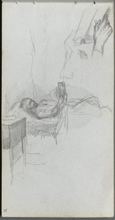 Skizzenbuch, Seite 71: Studie einer Figur, die im Bett liest, Studie einer Hand von Jean Louis Ernest Meissonier