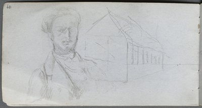 Skizzenbuch, Seite 99: Studie einer Figur, Gebäude von Ernest Meissonier