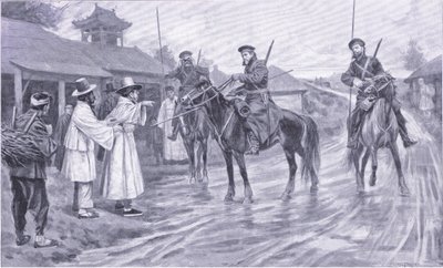 Kosakenspäher sammeln Informationen von einem koreanischen Gefangenen, Illustration aus Cassells Geschichte des Russisch-Japanischen Krieges Band 1, ca. 1900 von Ernest Prater