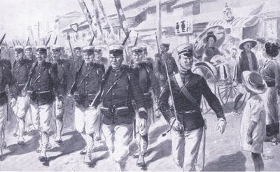 Japaner marschieren durch Tokio, Illustration aus Cassells Geschichte des Russisch-Japanischen Krieges Band 1, ca. 1900 von Ernest Prater