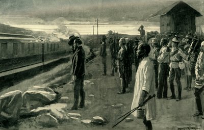 Der Zug, der die Überreste von Mr. Rhodes transportiert, wird von den Blockhauswachen begrüßt, 1902 von Ernest Prater