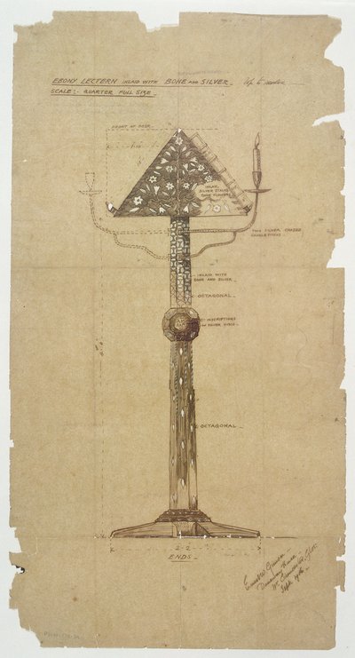 Entwurf für ein Rednerpult aus Ebenholz, eingelegt mit Knochen und Silber für die St. Andrews Kirche, Roker 1906 von Ernest William Gimson