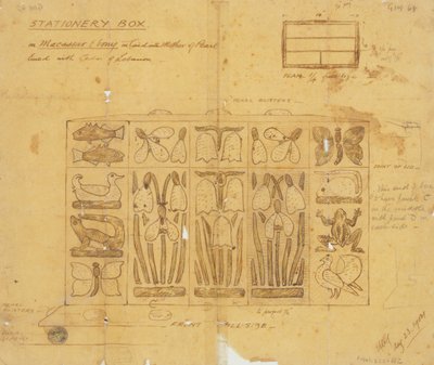 Entwurf für eine Schreibwarenbox aus Makassar-Ebenholz, eingelegt mit Perlmutt, 1904 von Ernest William Gimson