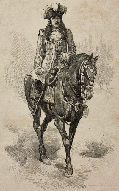 Graf von Turin Vittorio Emanuele von Savoyen im Kostüm von Vittorio Amedeo II. von Savoyen beim Turnier in der Villa Borghese anlässlich der Silberhochzeit von Umberto I. und Margherita von Savoyen, Rom, Italien von Ernesto Mancastroppa