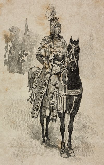 Herzog von Aosta Emanuele Filiberto von Savoyen im Kostüm von Umberto Biancamano beim Turnier in der Villa Borghese anlässlich der Silberhochzeit von Umberto I. und Margherita von Savoyen, Rom, Italien von Ernesto Mancastroppa