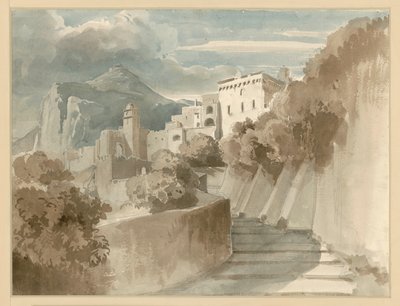 Motiv aus Subiaco. Häusergruppe und Treppen, ein Berg im Hintergrund von Ernst Fries