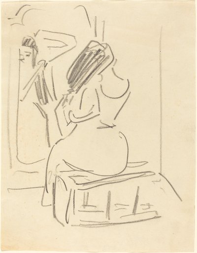 Eine Frau kämmt ihr Haar vor einem Spiegel von Ernst Ludwig Kirchner