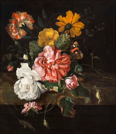 Rosen mit einem Schmetterling, einer Schmeißfliege und einer Schnecke auf einem Steinvorsprung von Ernst Stuven