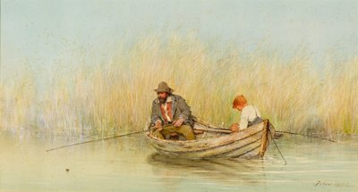 Studie eines Mannes und eines Jungen beim Angeln von einem Boot von Erskine Nicol
