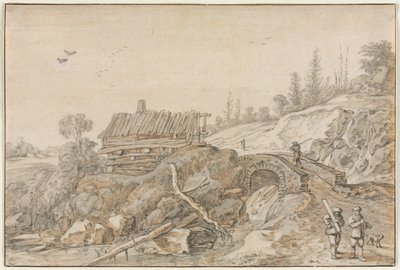 Hügelige Landschaft mit Hütte neben einem Bach von Esaias van de Velde