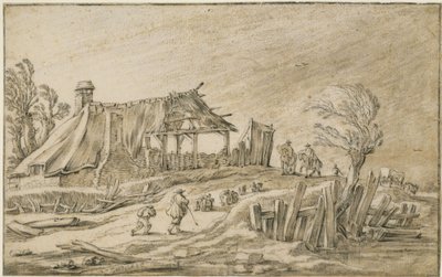 Landstraße mit Schafherde und Reitern bei Regensturm von Esaias van de Velde